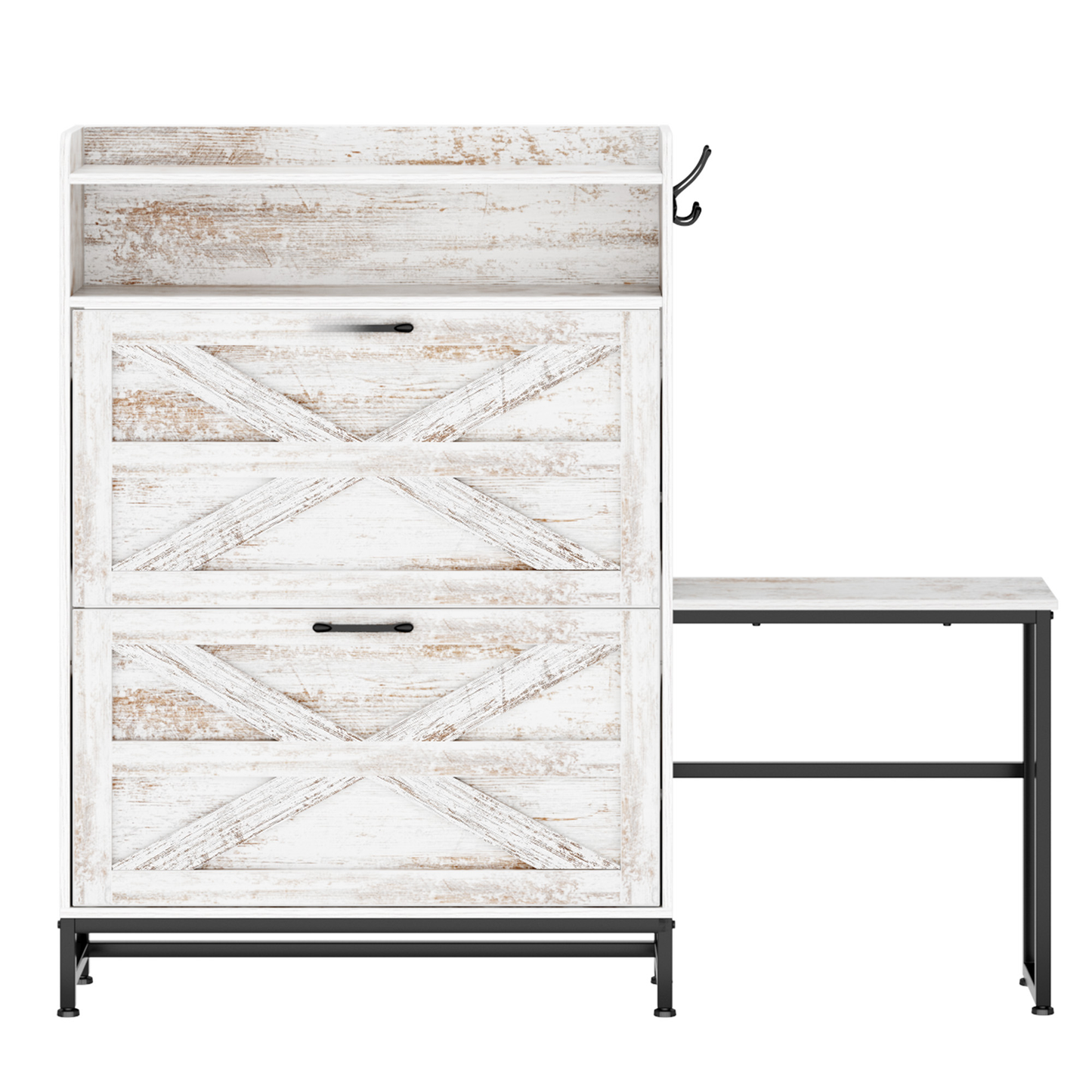Whitewashed wood entry cabinet with Xdesign doors and black metal frame