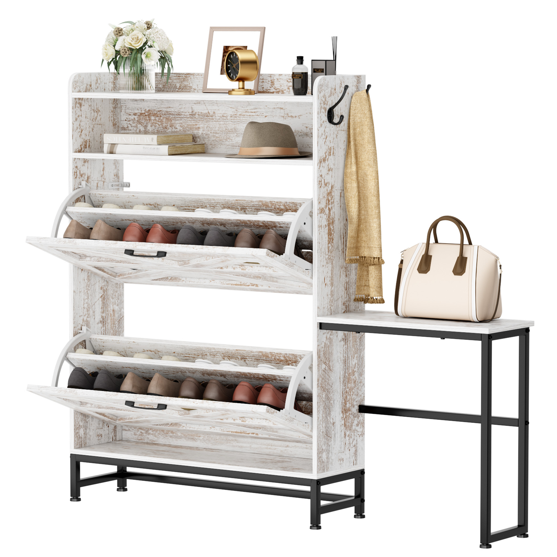 Rustic white shoe cabinet with two flipdown drawers and open shelf