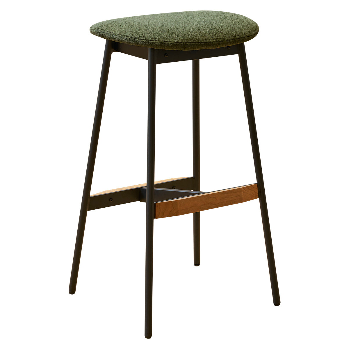 Modern green fabric bar stool with black metal frame and wood accents
