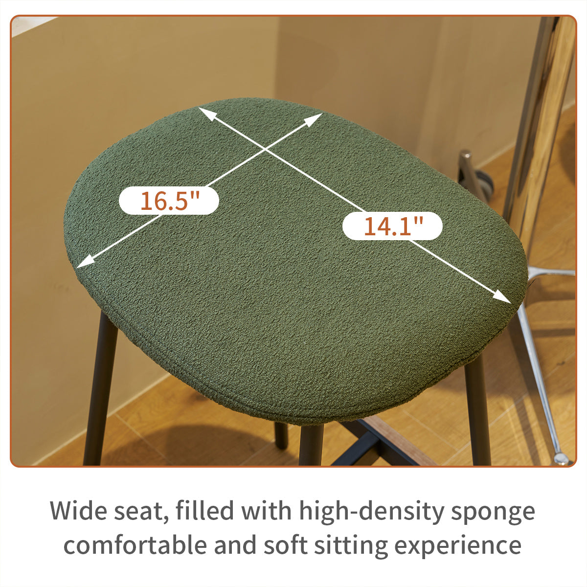 Green textured stool with  wide seat and  depth