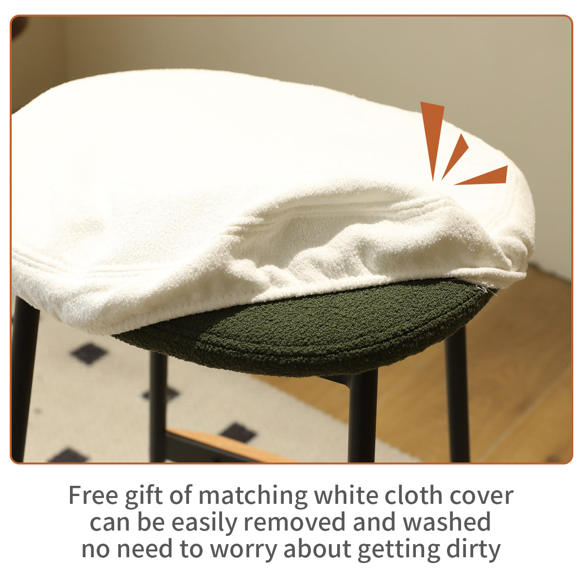 White plush chair cover on a dark green stool seat