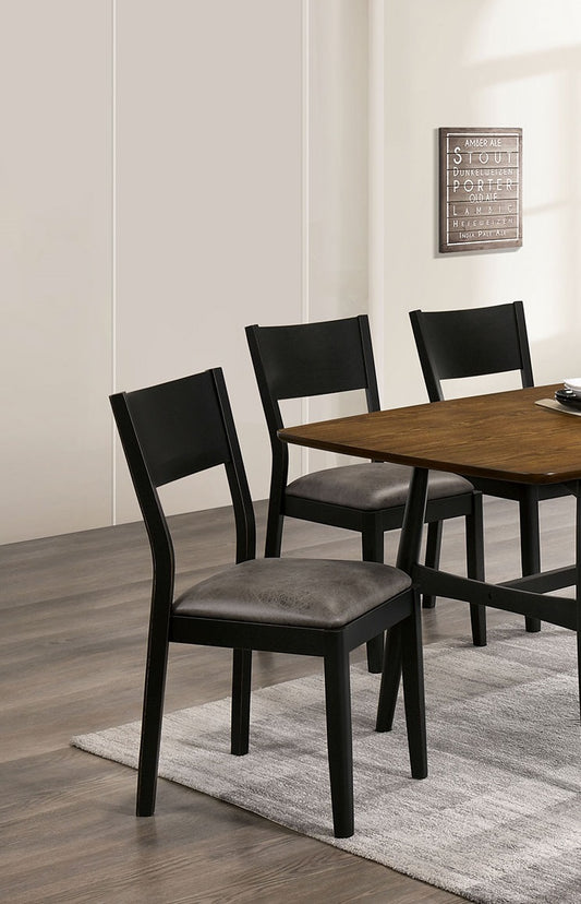 Black wooden dining chair with grey upholstered seat