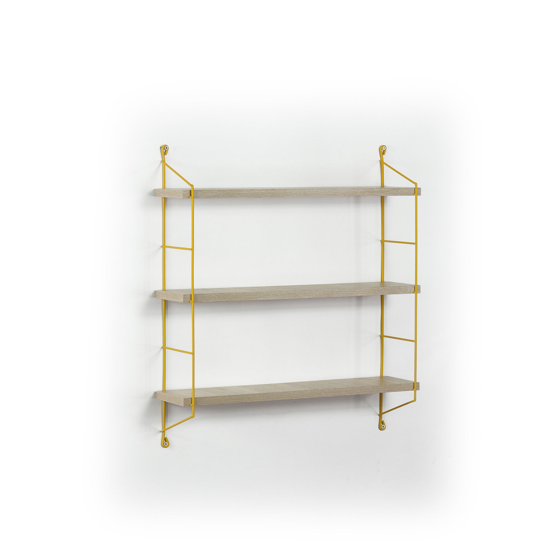 Threetier modern wall shelf with light oak finish shelves and yellow metal frame