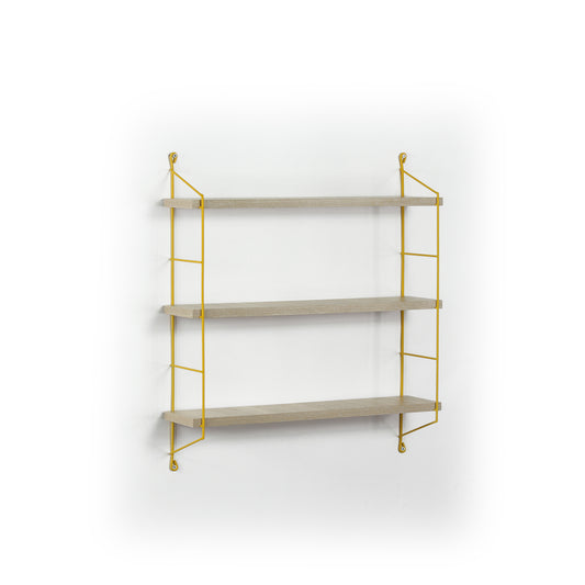 Threetier modern wall shelf with light oak finish shelves and yellow metal frame
