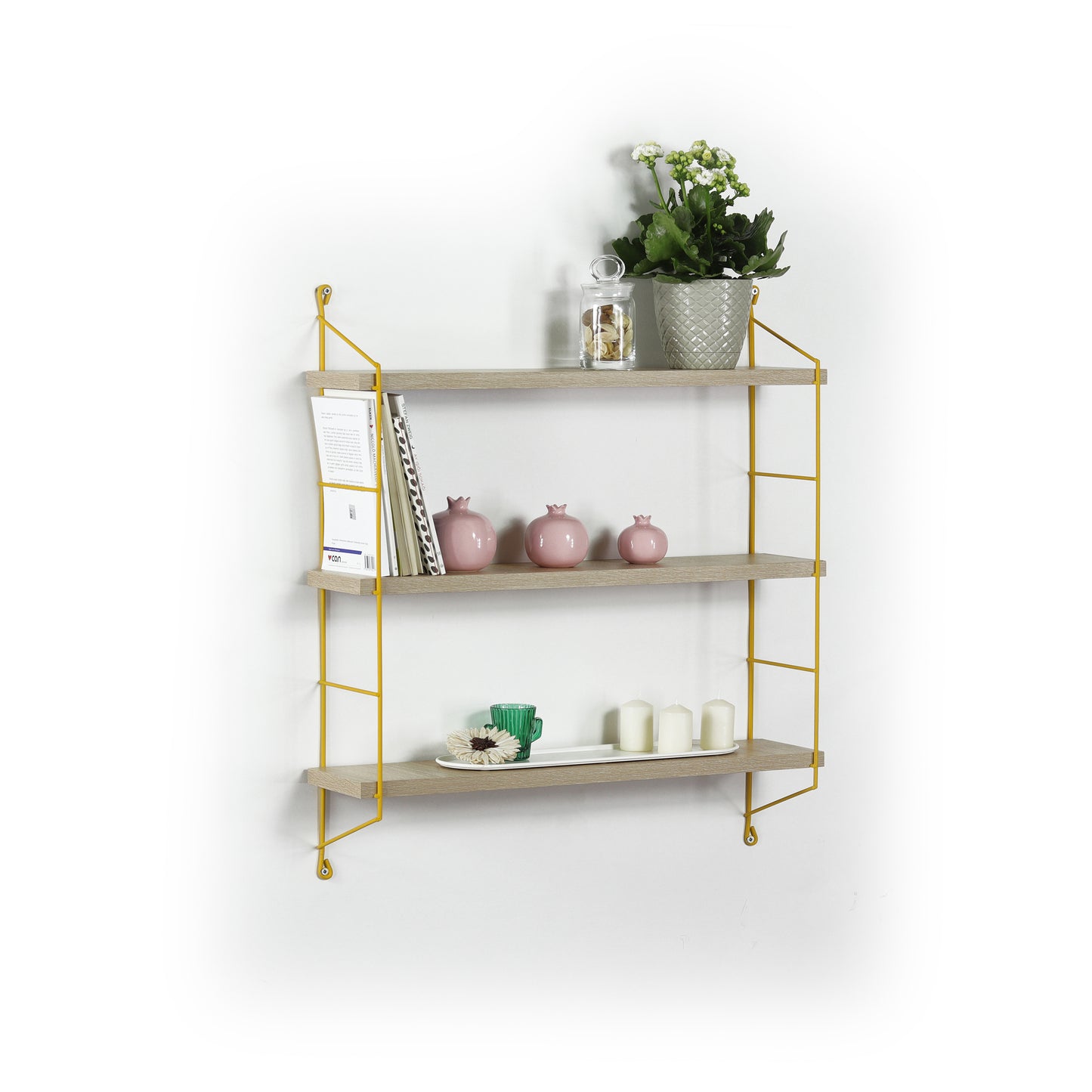 Modern wall shelf with three woodgrain shelves and yellow metal frame