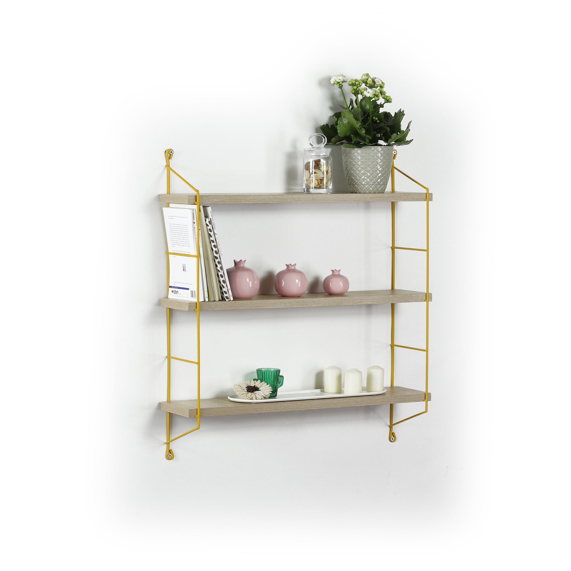 Modern wall shelf with three woodgrain shelves and yellow metal frame