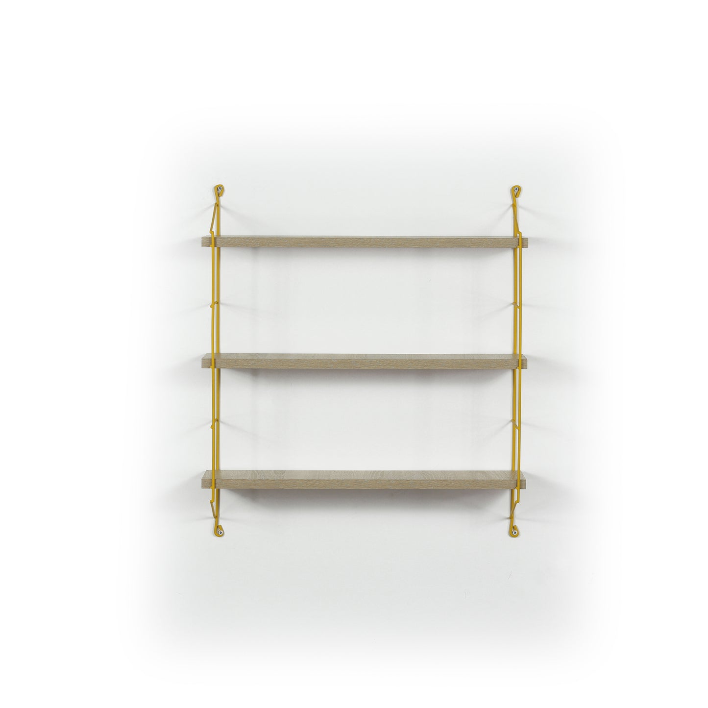 Threetier floating shelf with light wood grain shelves and yellow metal frame