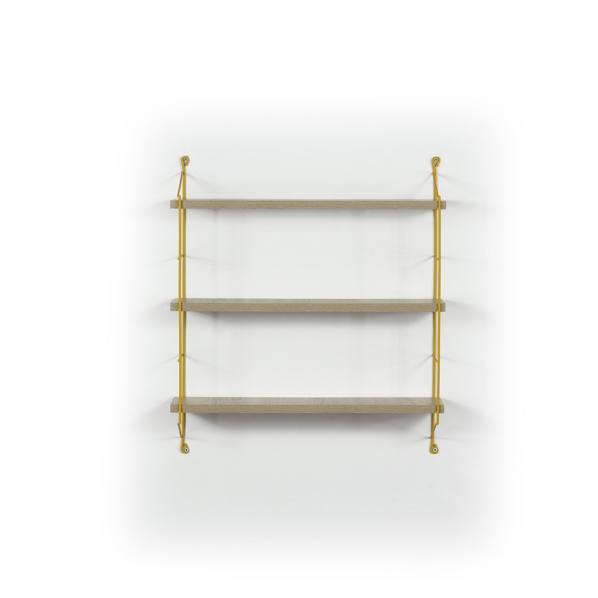 Threetier floating shelf with light wood grain shelves and yellow metal frame