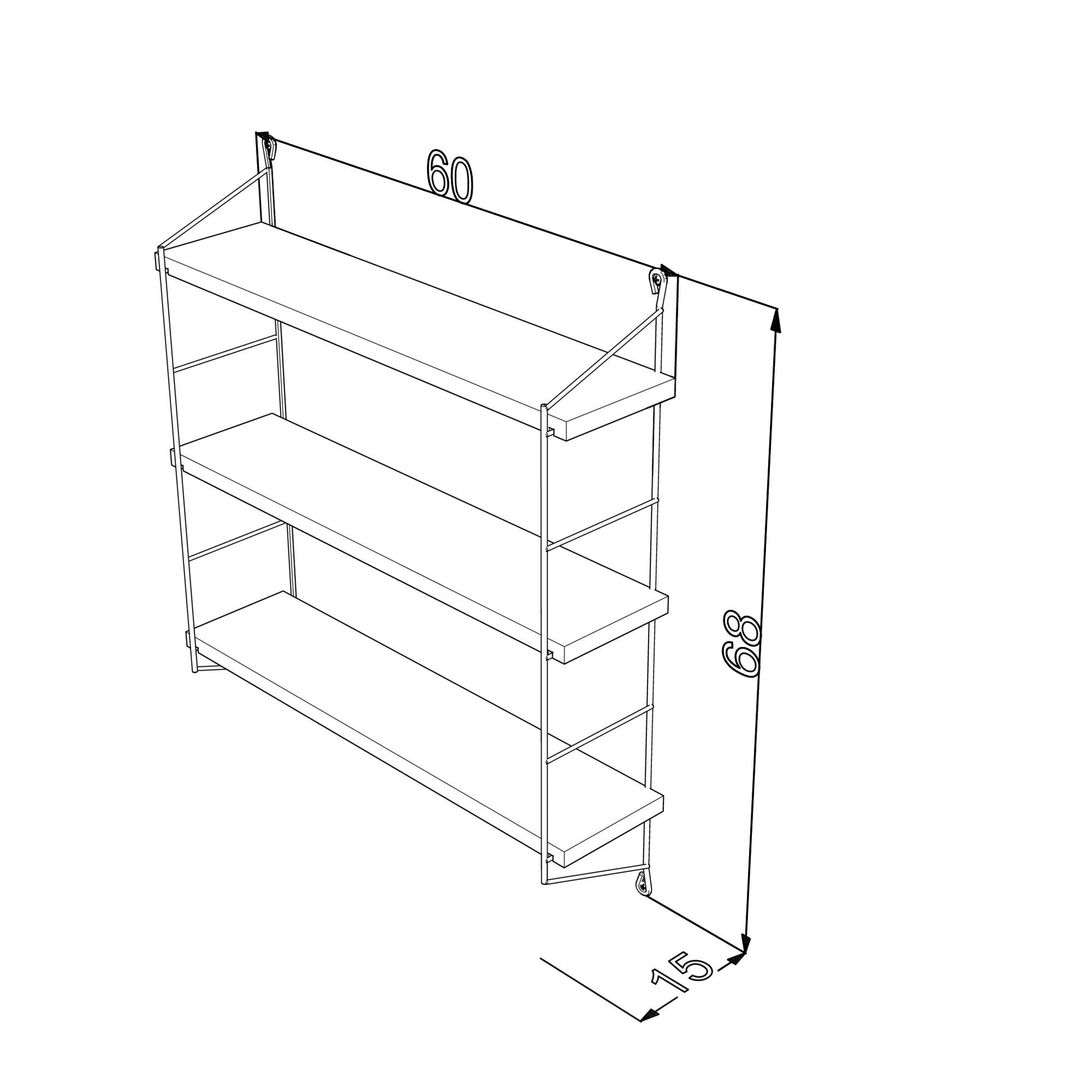 Black and white line drawing of a threetier wall shelf with dimensions