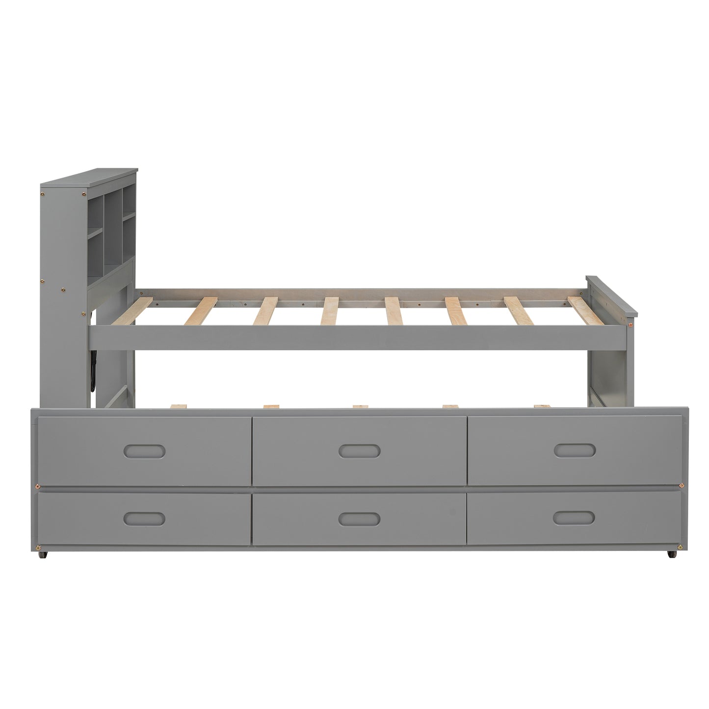 Gray twin storage bed with six drawers and a bookshelf headboard
