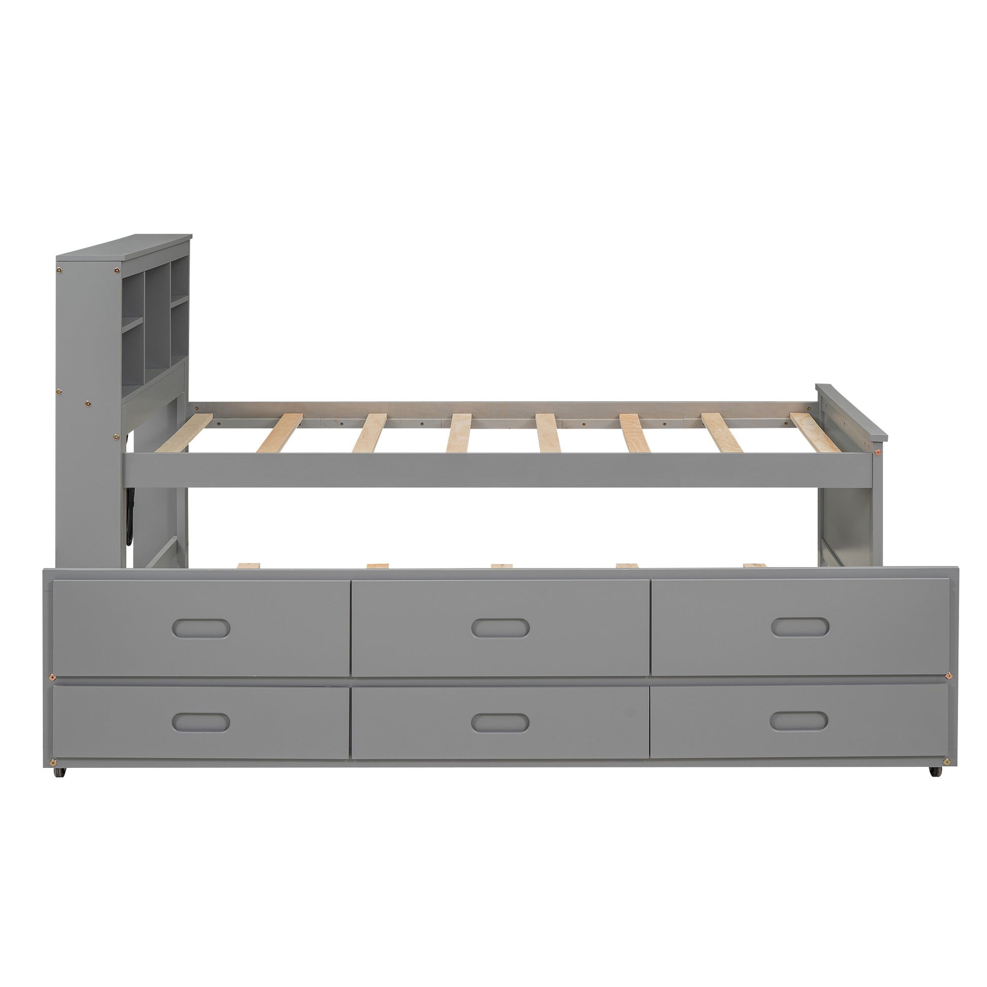 Gray twin storage bed with six drawers and a bookshelf headboard