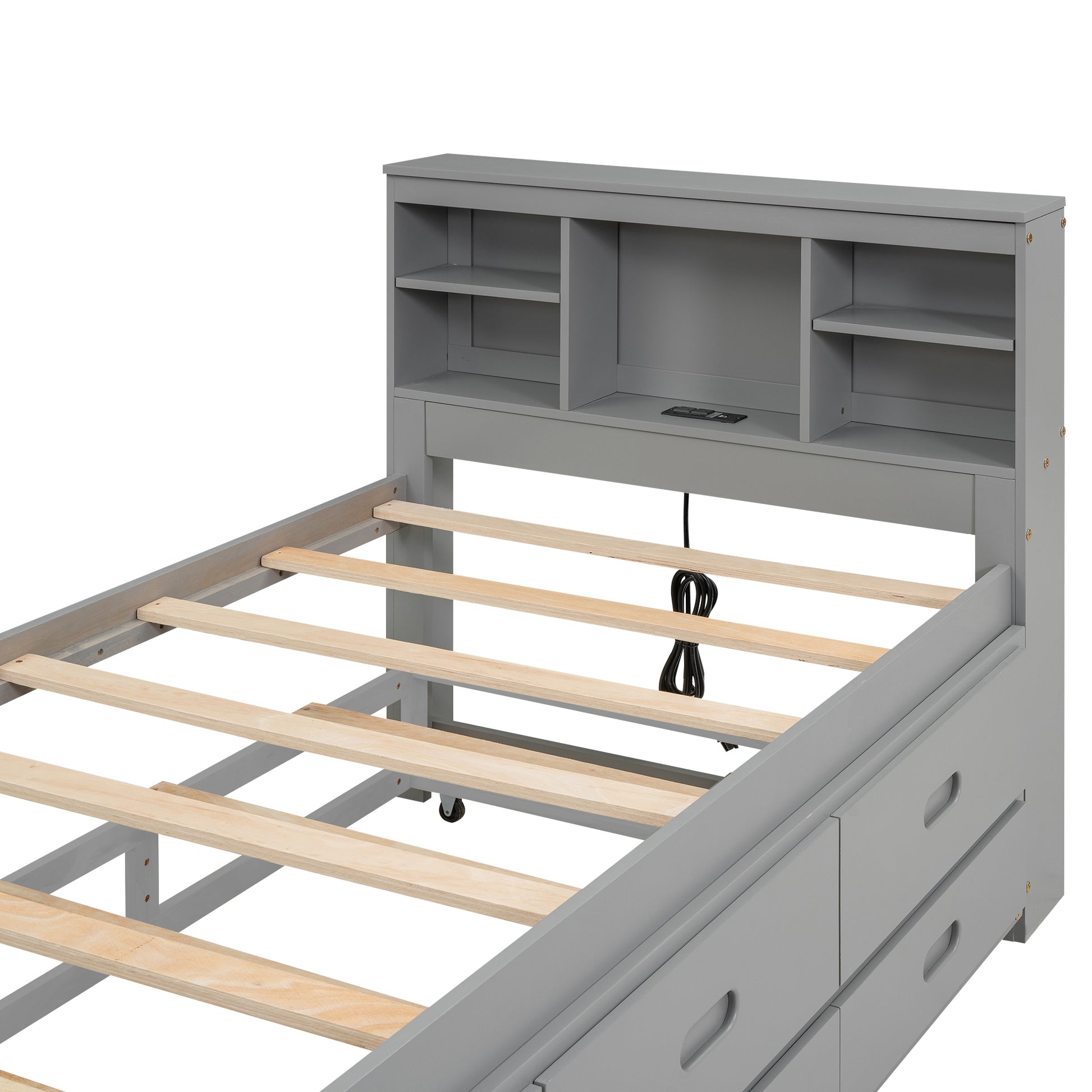 Gray twin bed frame with builtin drawers and bookshelf headboard