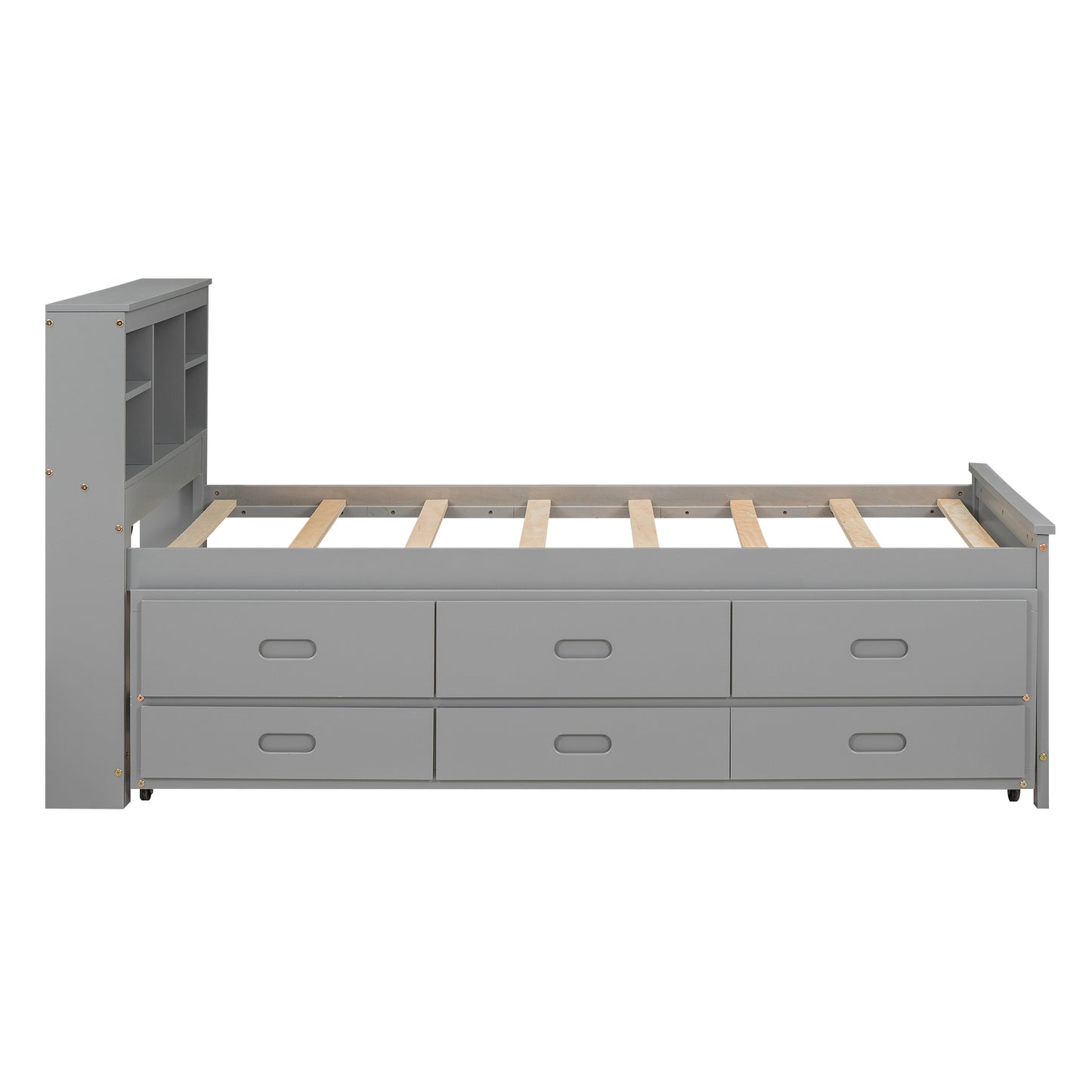 Gray twin bed frame with builtin bookshelf headboard and six storage drawers