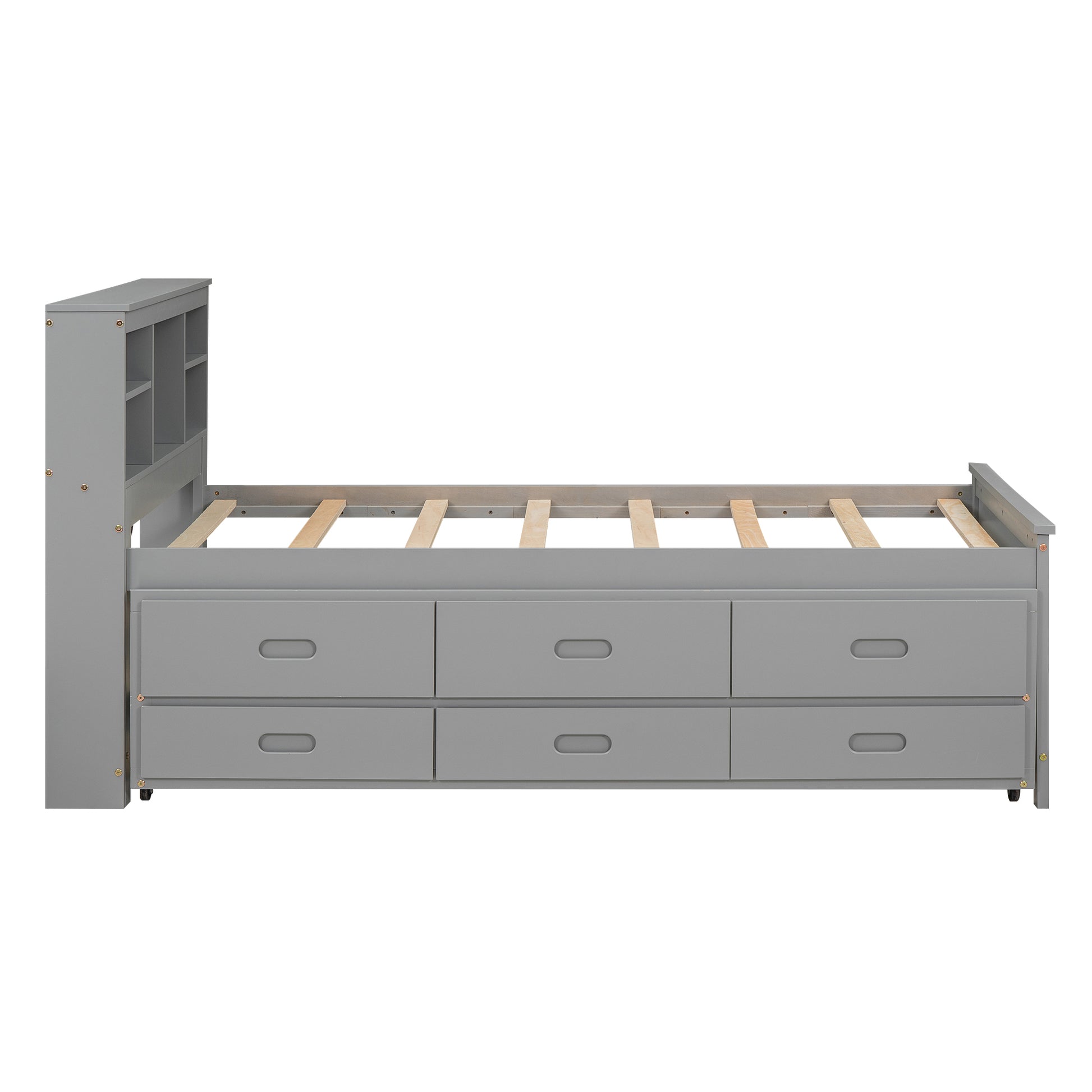 Gray twin bed frame with builtin bookshelf headboard and six storage drawers