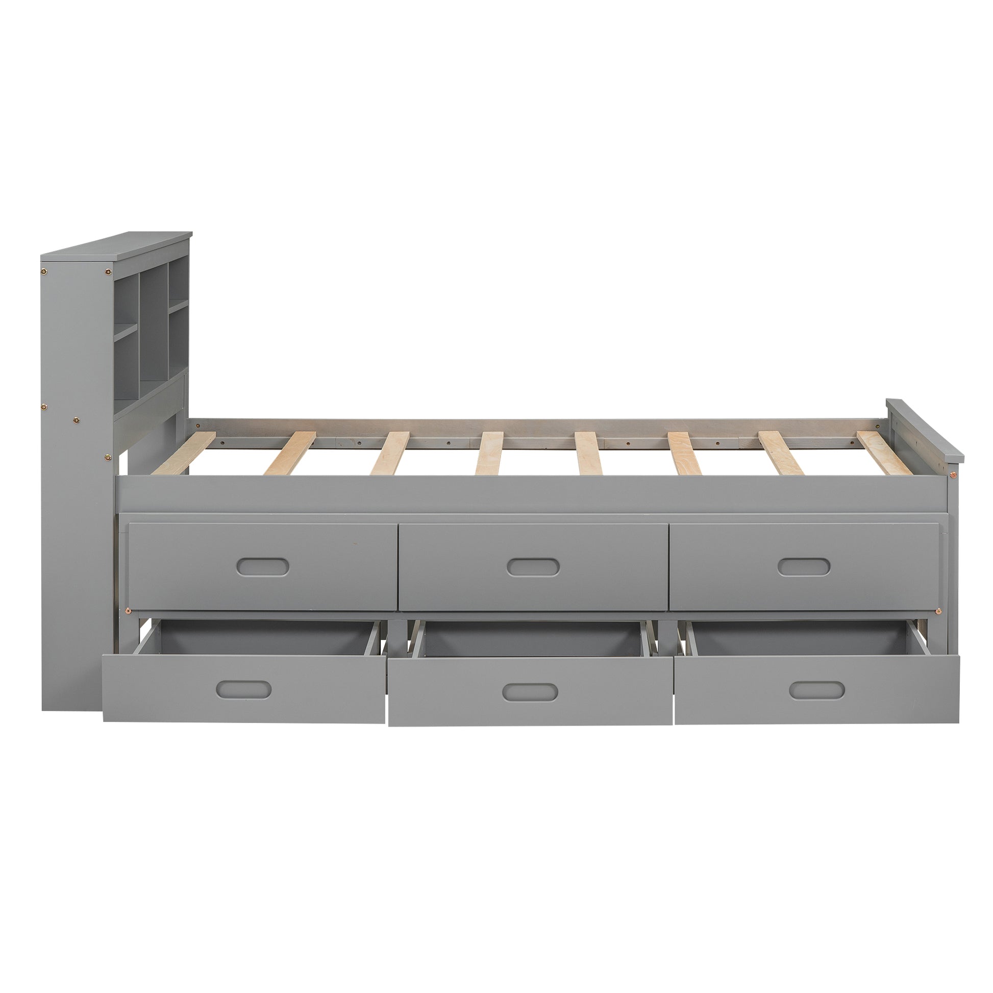 Grey wooden twin bed with six drawers and a bookcase headboard
