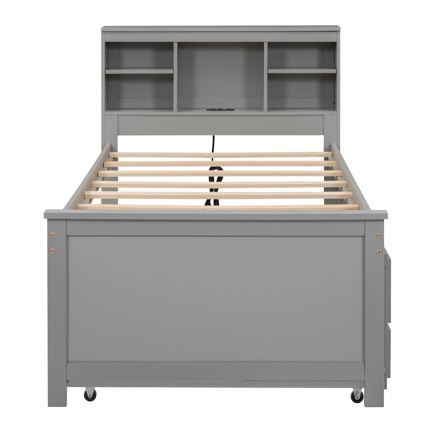 Gray wooden platform bed with headboard shelves and storage drawers