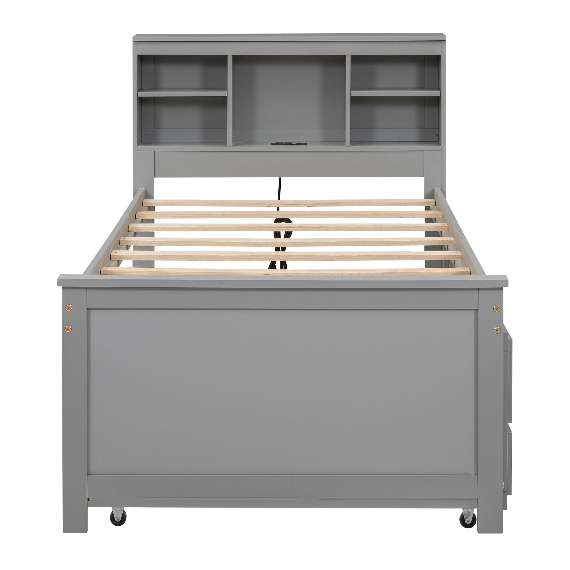 Gray wooden platform bed with headboard shelves and storage drawers