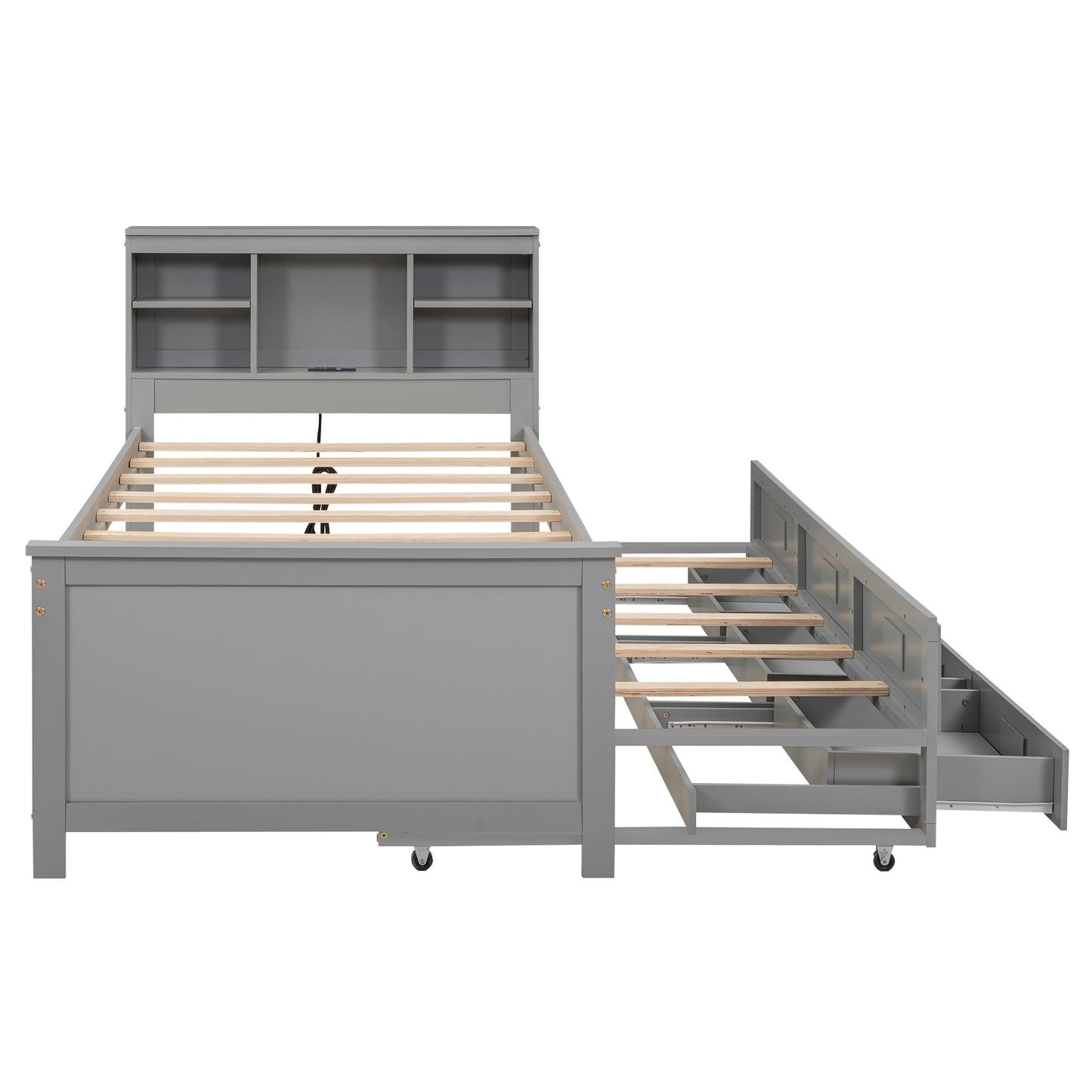 Gray wooden captains bed with builtin shelves in headboard and pullout trundle