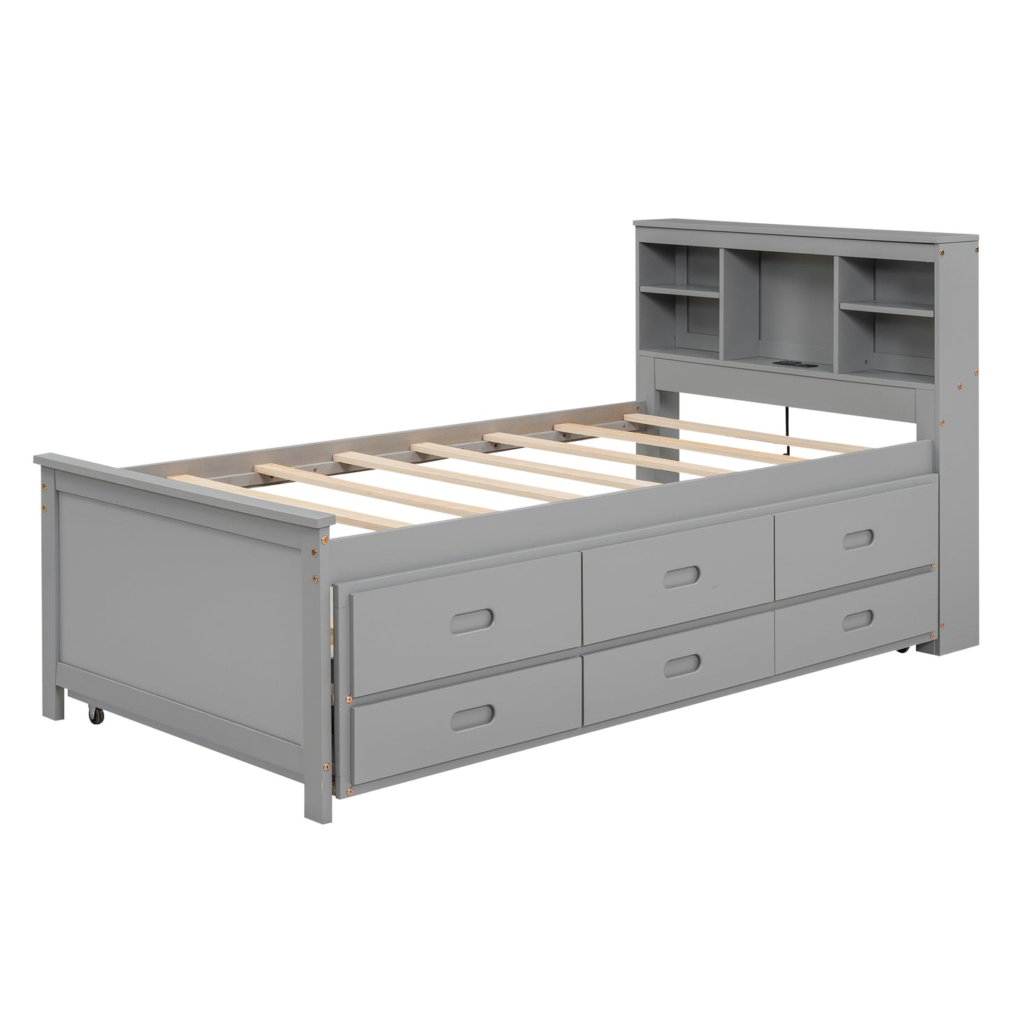 Gray twin bed with builtin drawers and bookcase headboard
