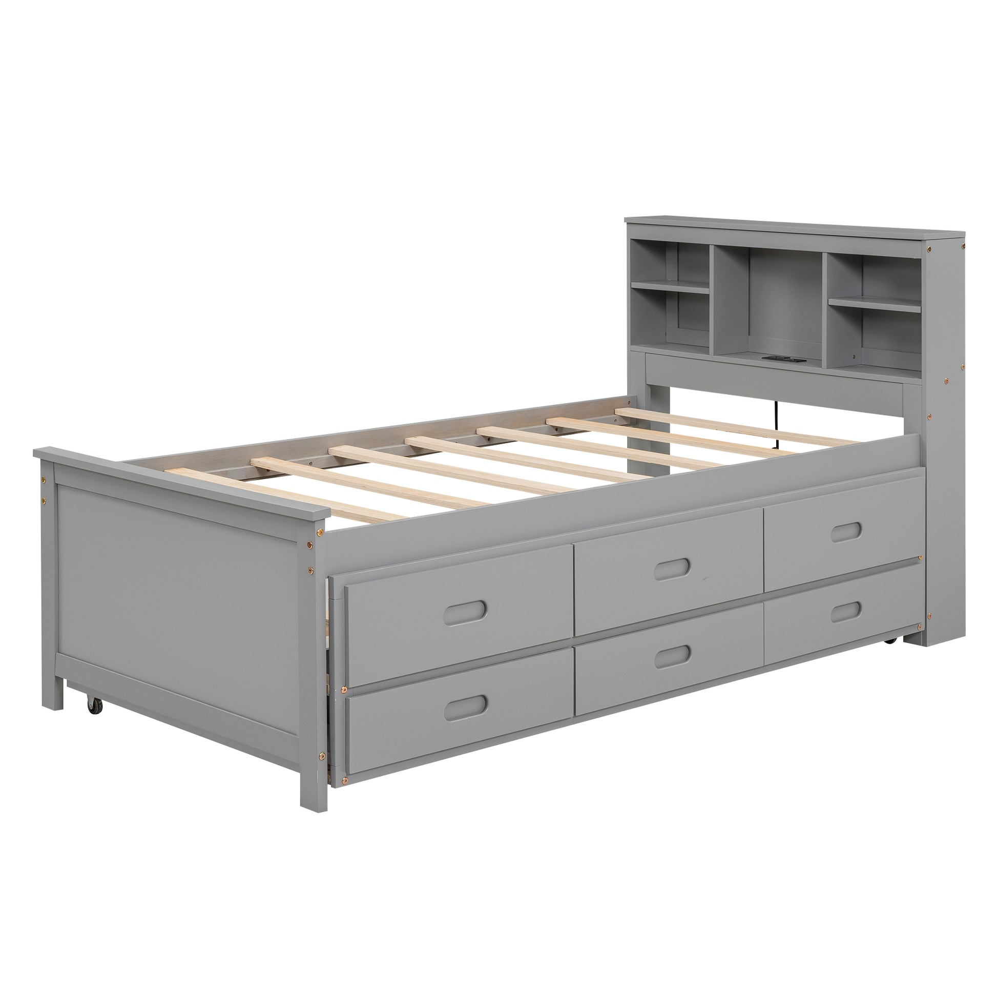 Gray twin bed with builtin drawers and bookcase headboard