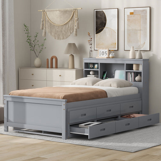 Gray twin bed with storage drawers and headboard bookshelf
