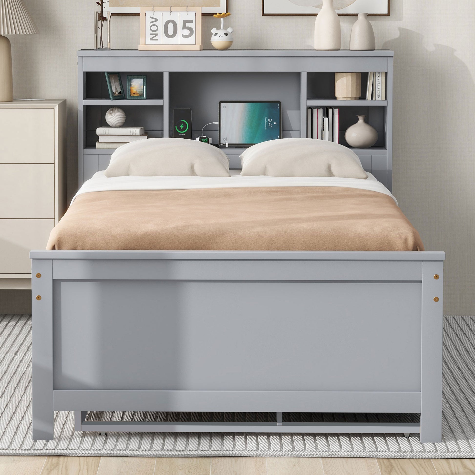 Modern gray wood bed frame with integrated storage bookshelf headboard
