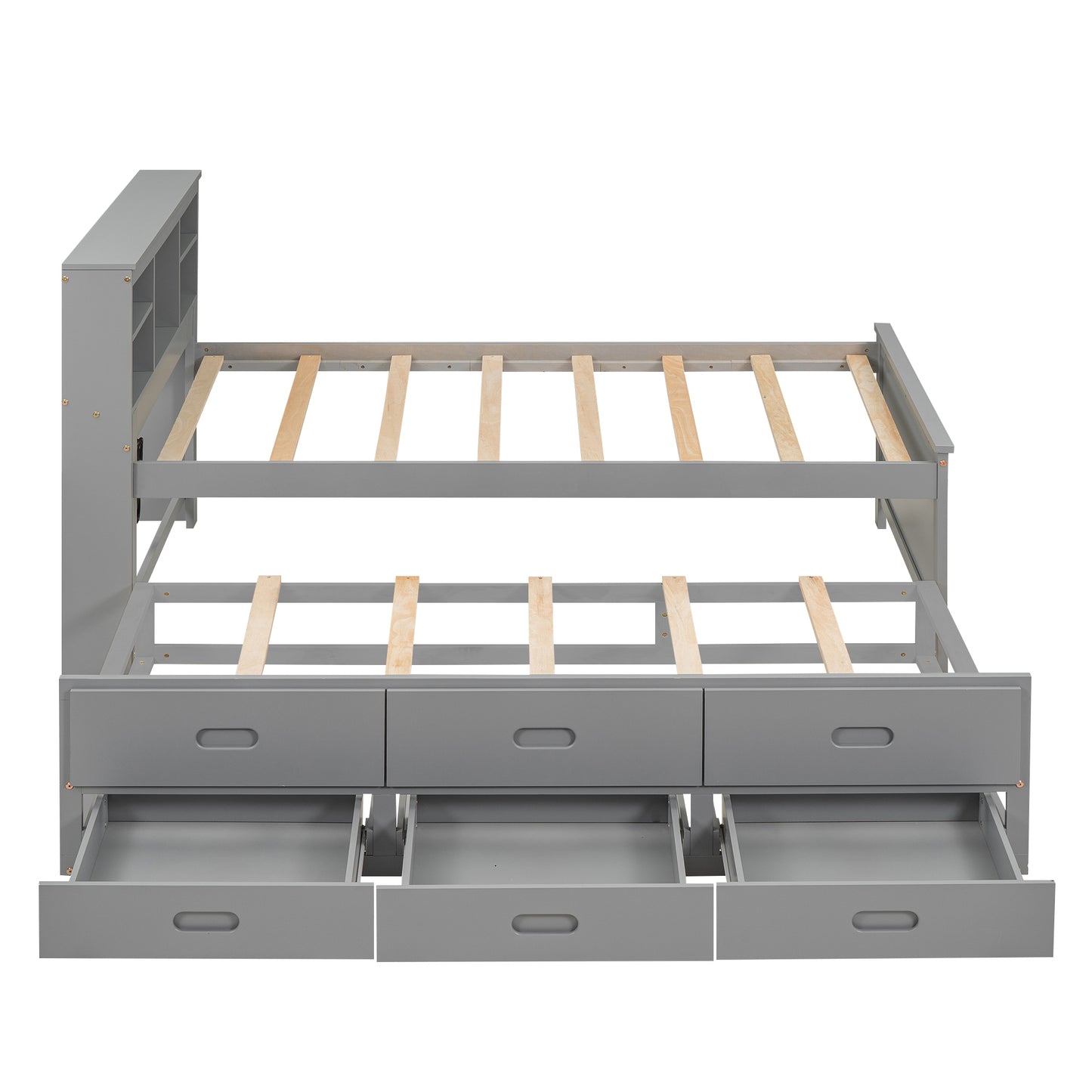 Gray wooden daybed with bookcase headboard and six storage drawers
