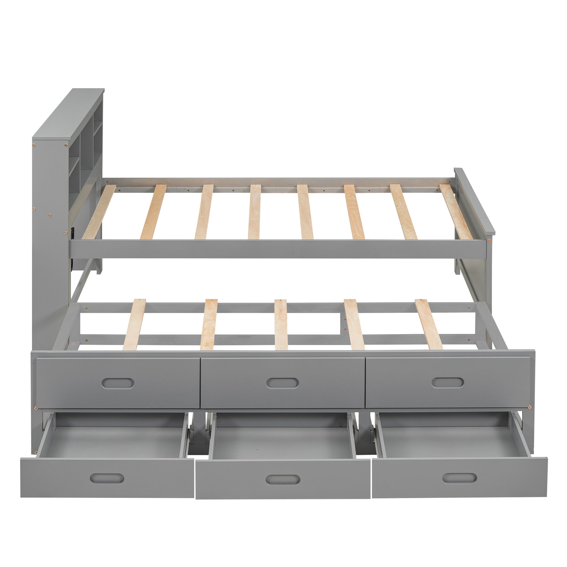 Gray wooden daybed with bookcase headboard and six storage drawers