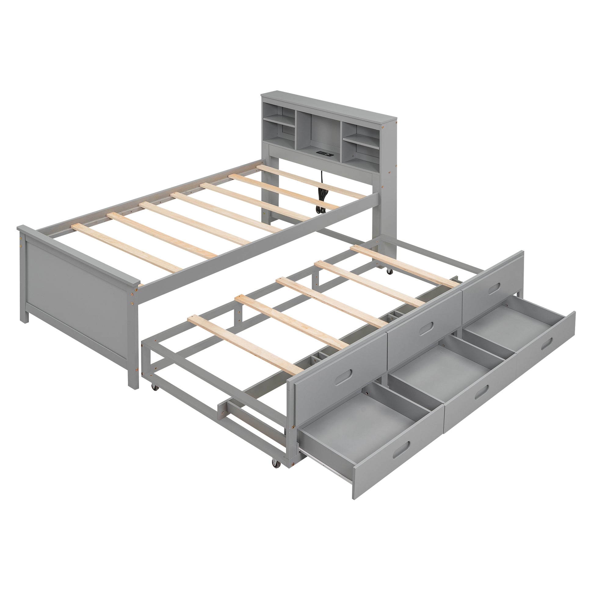 Gray twin bed frame with builtin drawers and pullout trundle