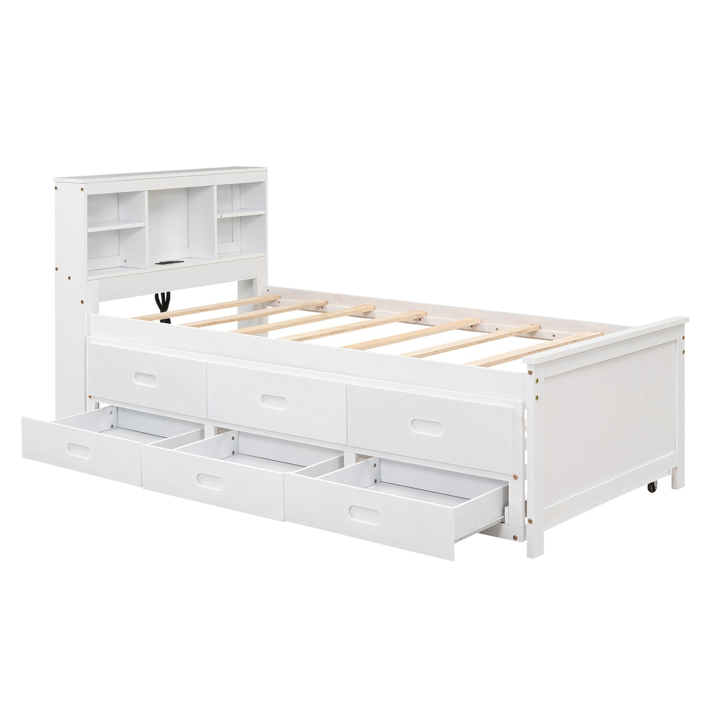 White wooden daybed with bookcase headboard and six storage drawers