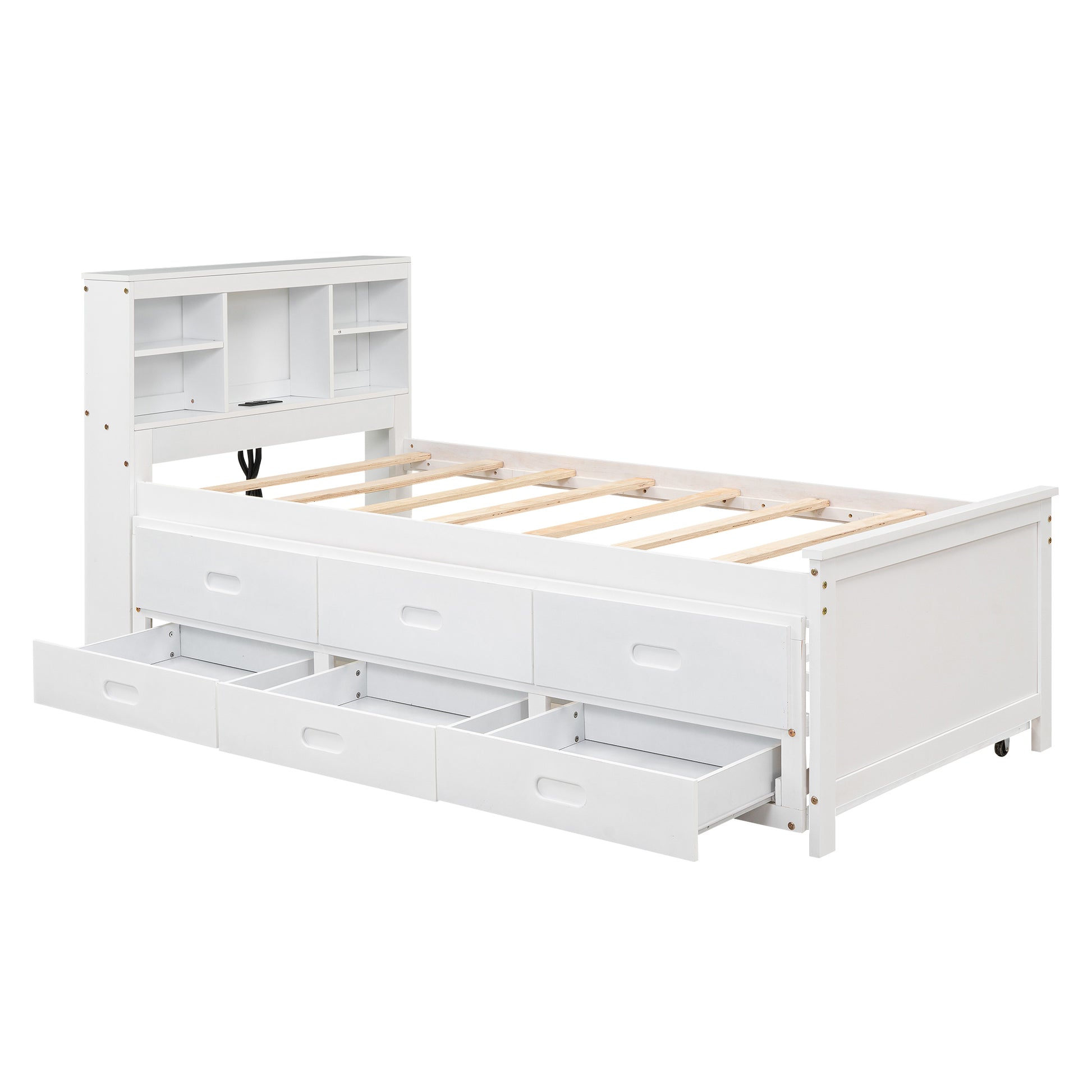 White wooden daybed with bookcase headboard and six storage drawers