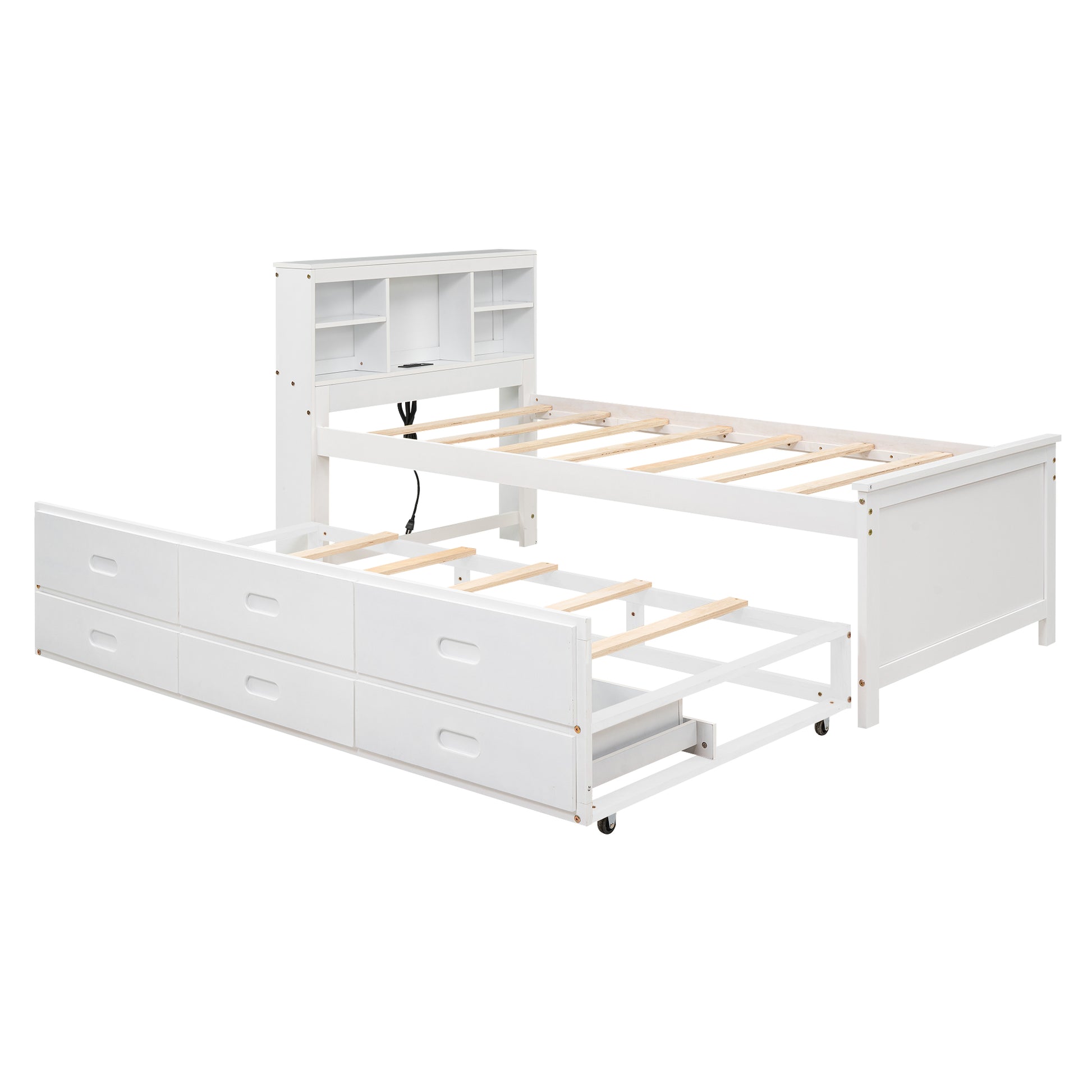 White twin daybed with pullout trundle and builtin storage drawers