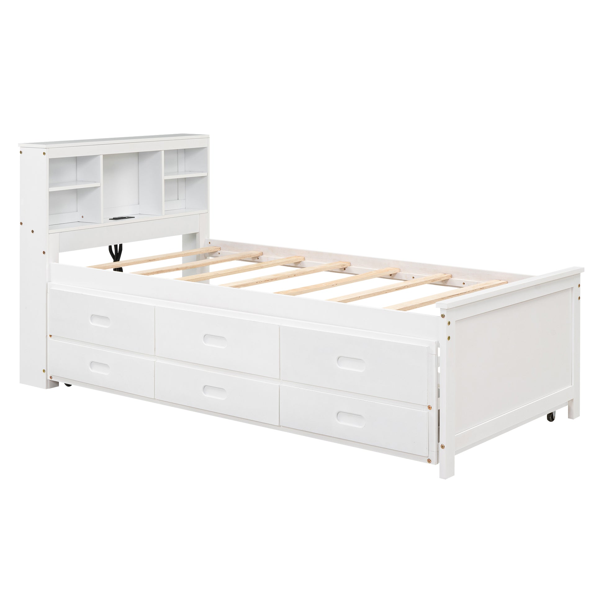 White twin daybed with drawers and bookshelf headboard