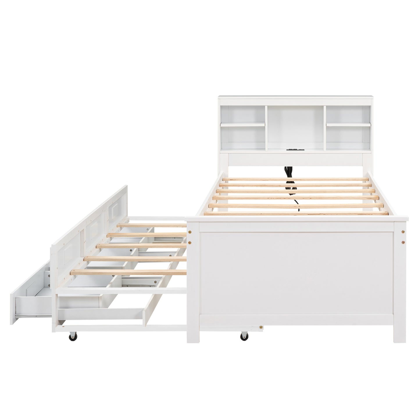 White twin bed frame with builtin drawers and bookcase headboard