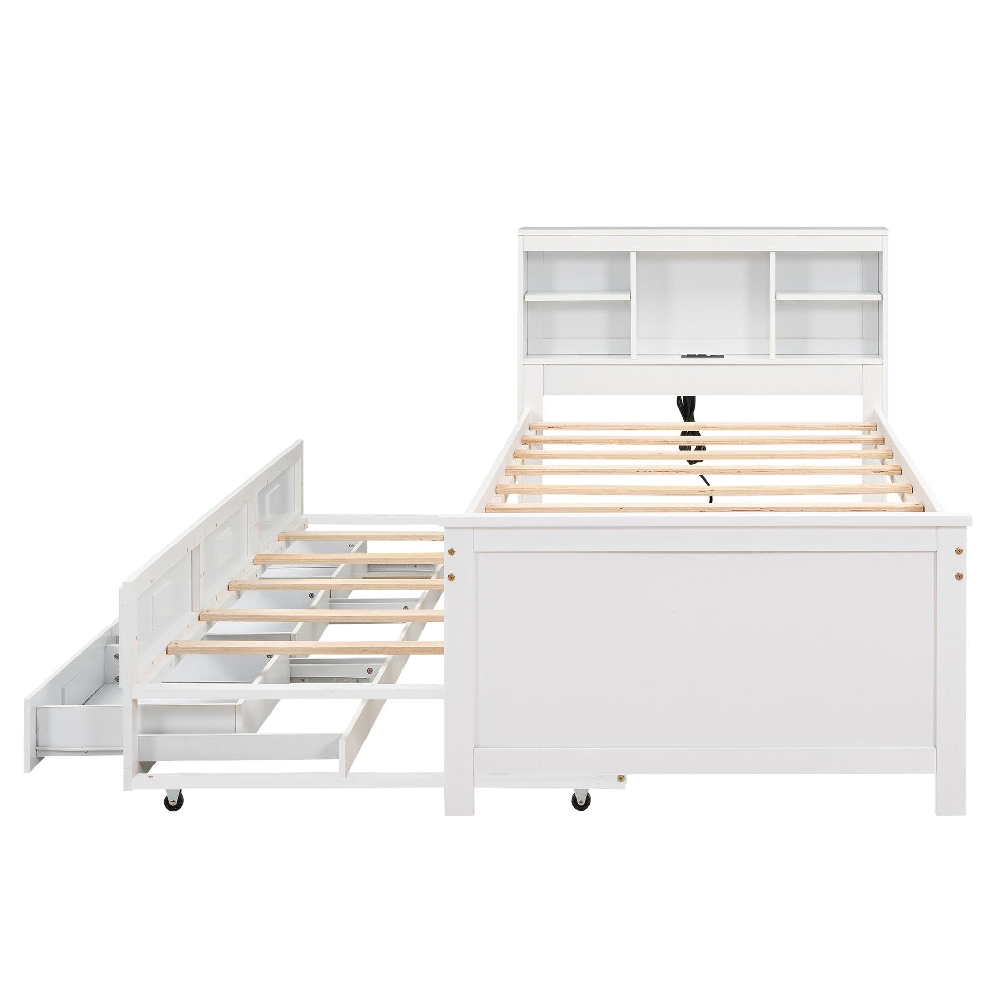 White twin bed frame with builtin drawers and bookcase headboard