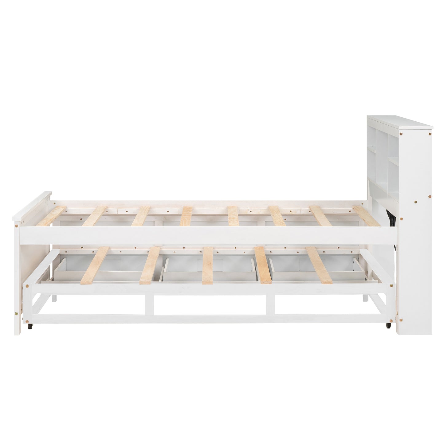 White wooden daybed frame with builtin storage drawers and bookshelf headboard