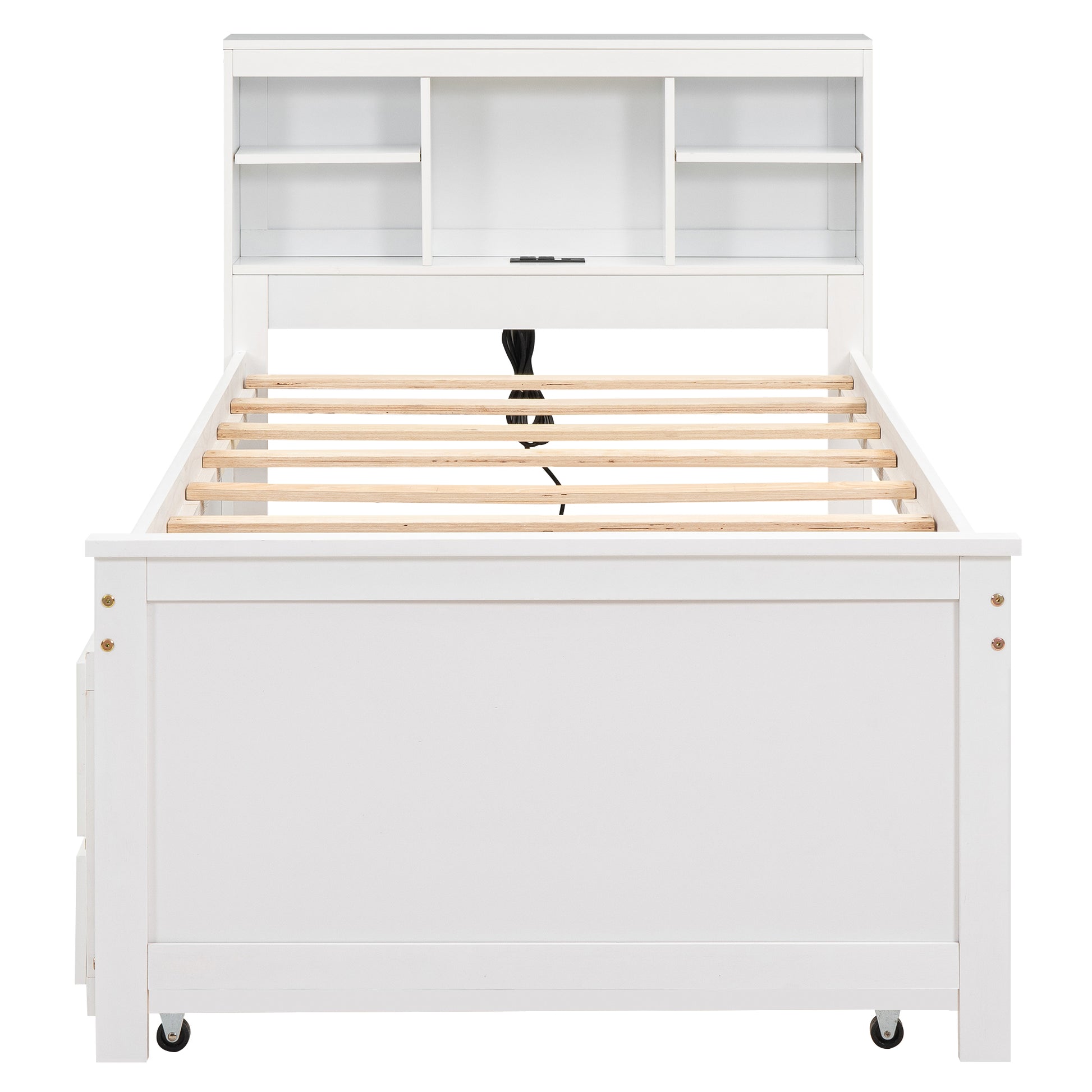White twin bed frame with builtin headboard shelves