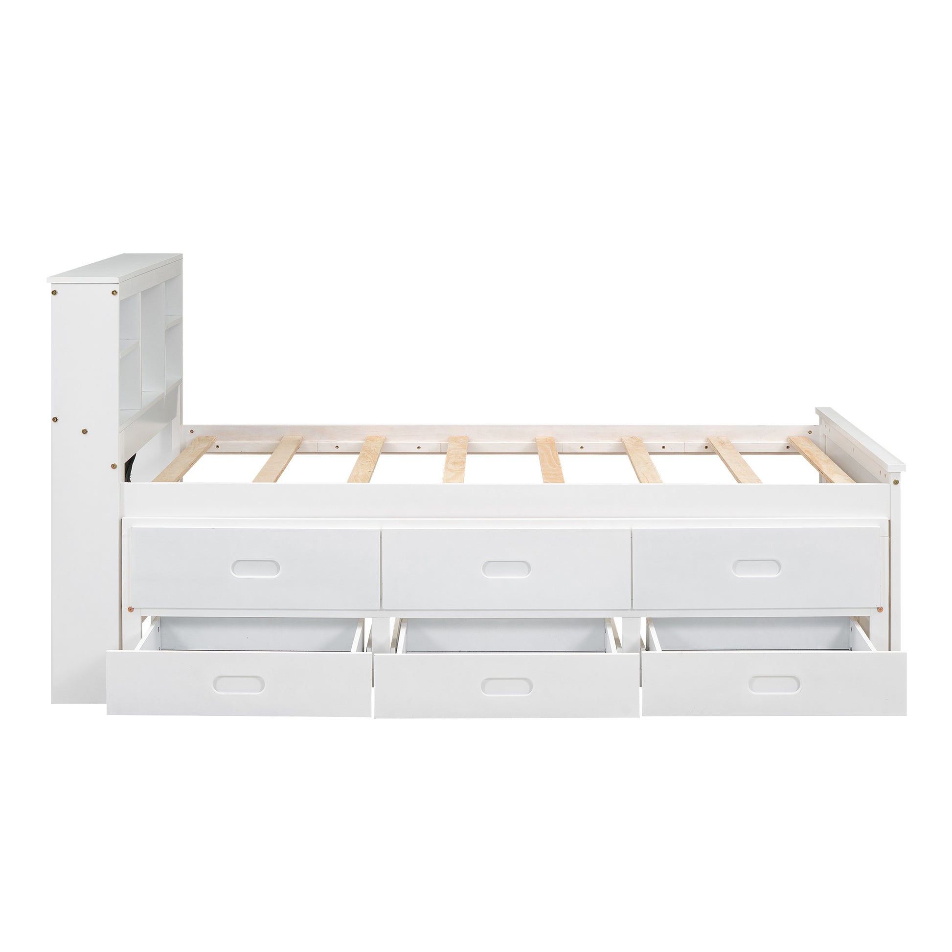 White twin bed frame with builtin bookshelf and six storage drawers
