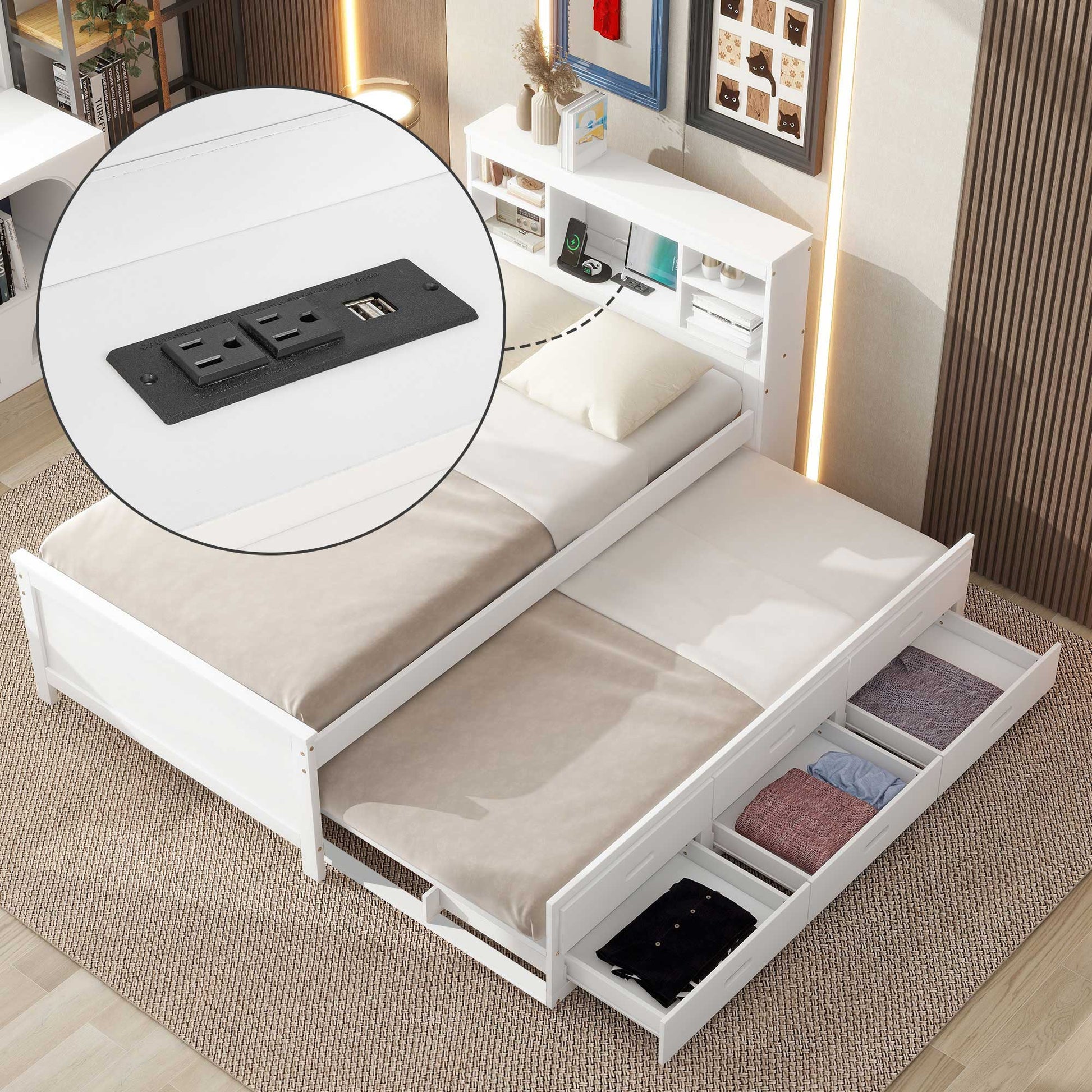 White twin bed with trundle and storage drawers