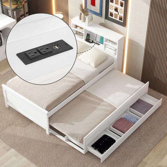 White twin bed with trundle and storage drawers