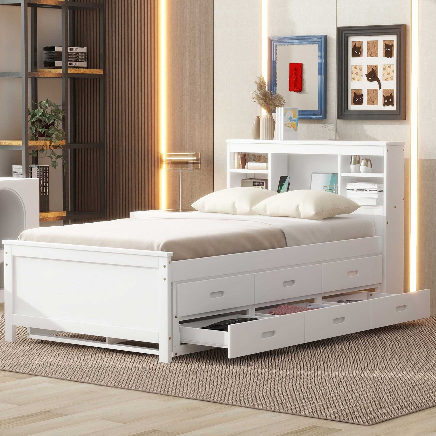 White twin bed with drawers and headboard storage