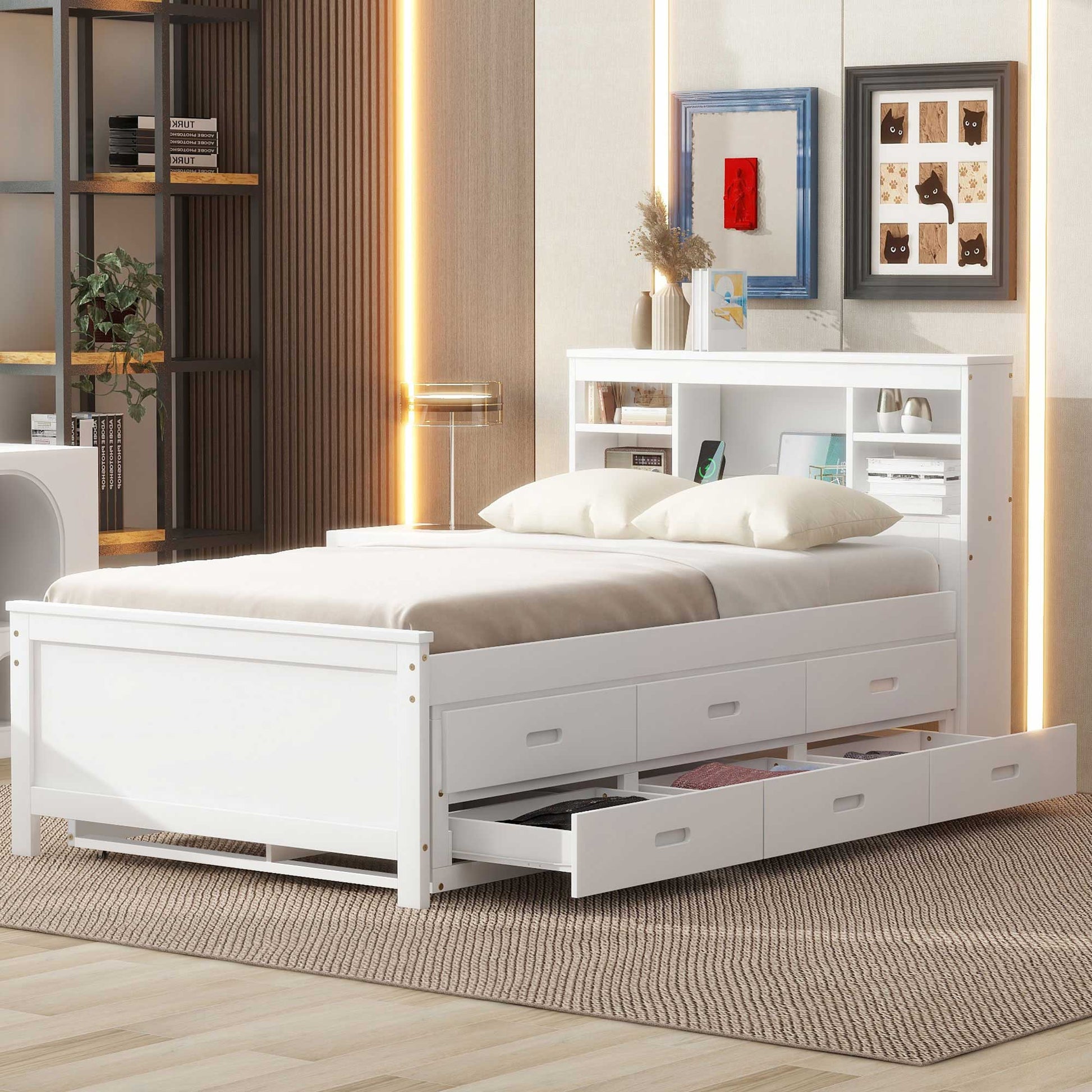 White twin bed with drawers and headboard storage