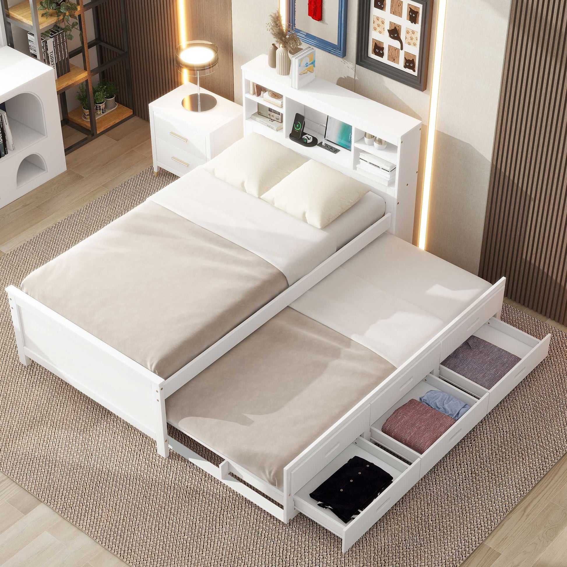 White wooden daybed with pullout trundle and storage drawers