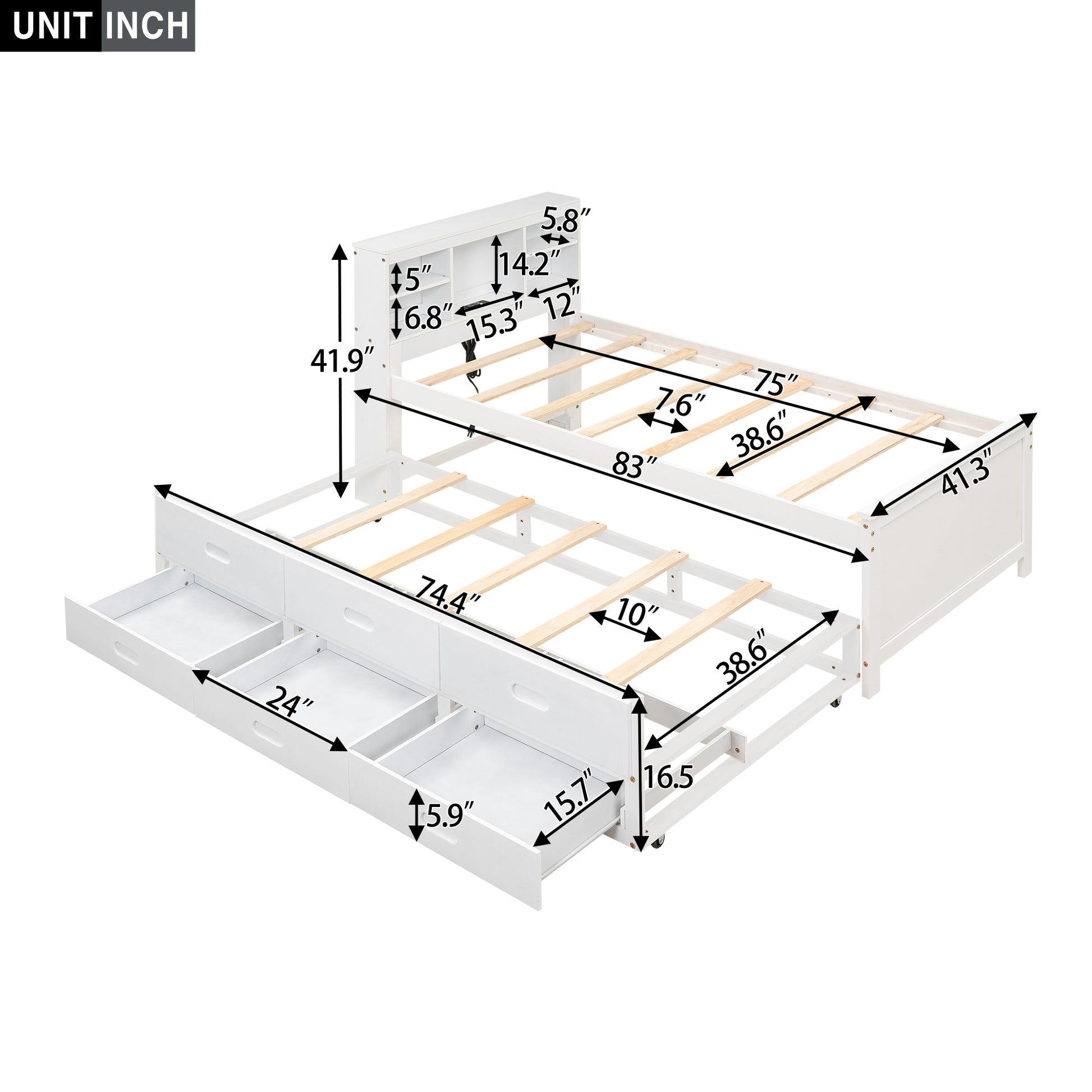 White twin bed frame with trundle and storage drawers