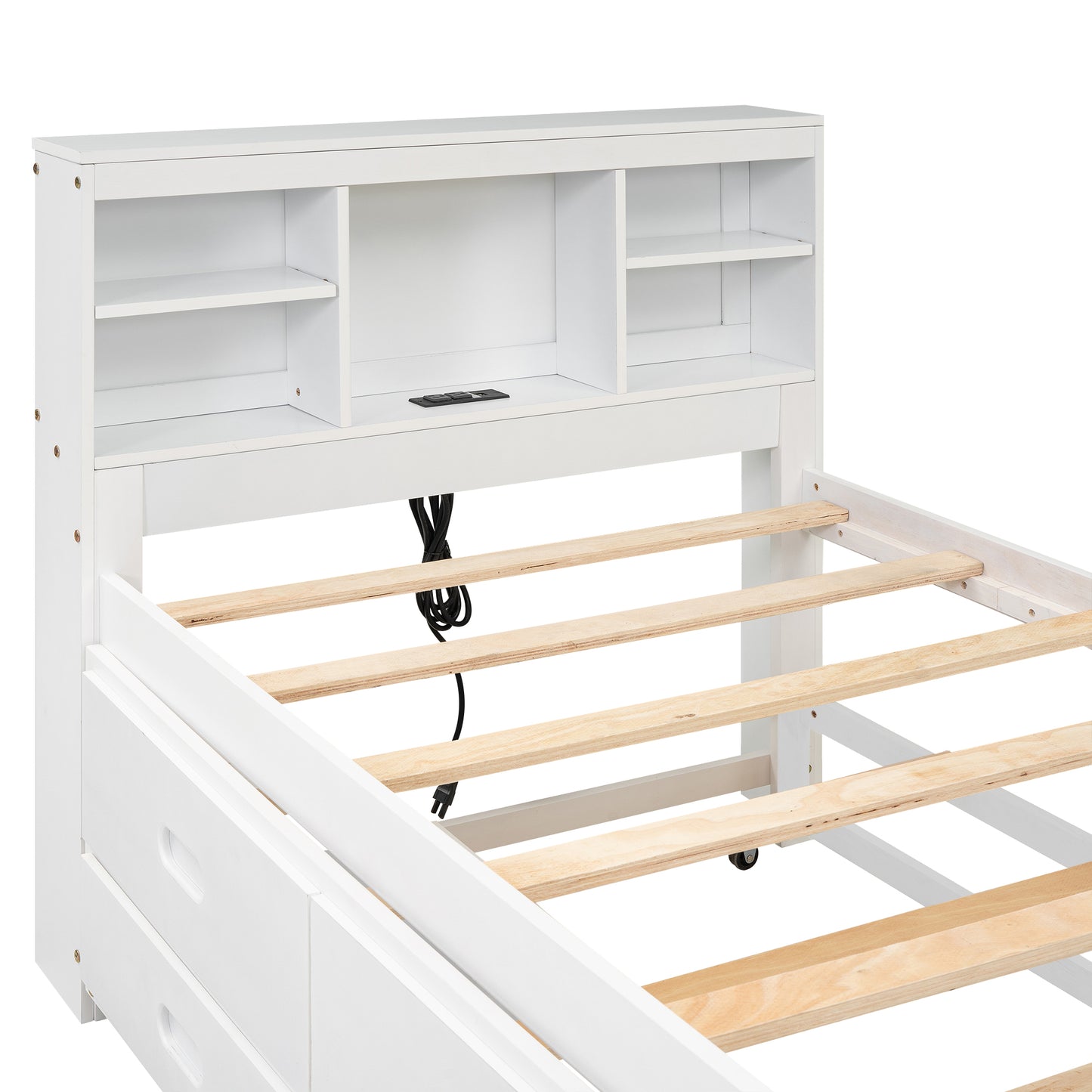 White wooden twin bed frame with builtin shelving and drawers