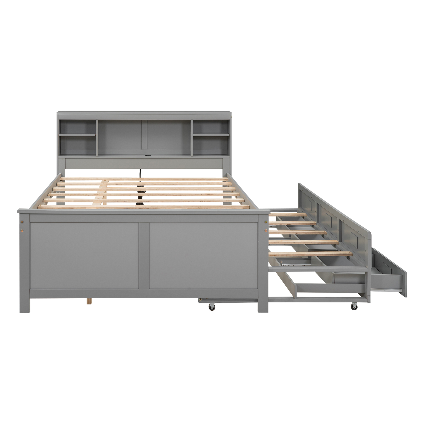 Gray twin bed with storage drawers and open shelf headboard