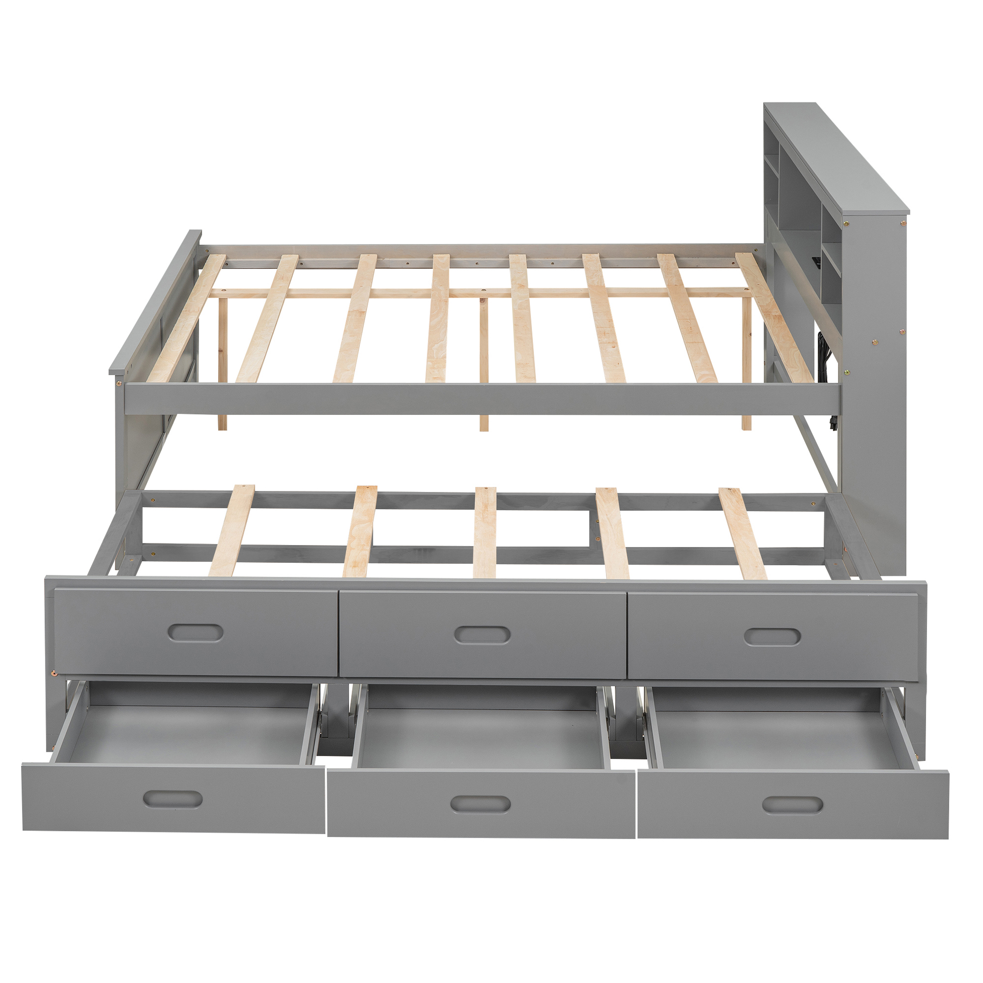 Gray twin daybed with three pullout drawers and bookshelf headboard
