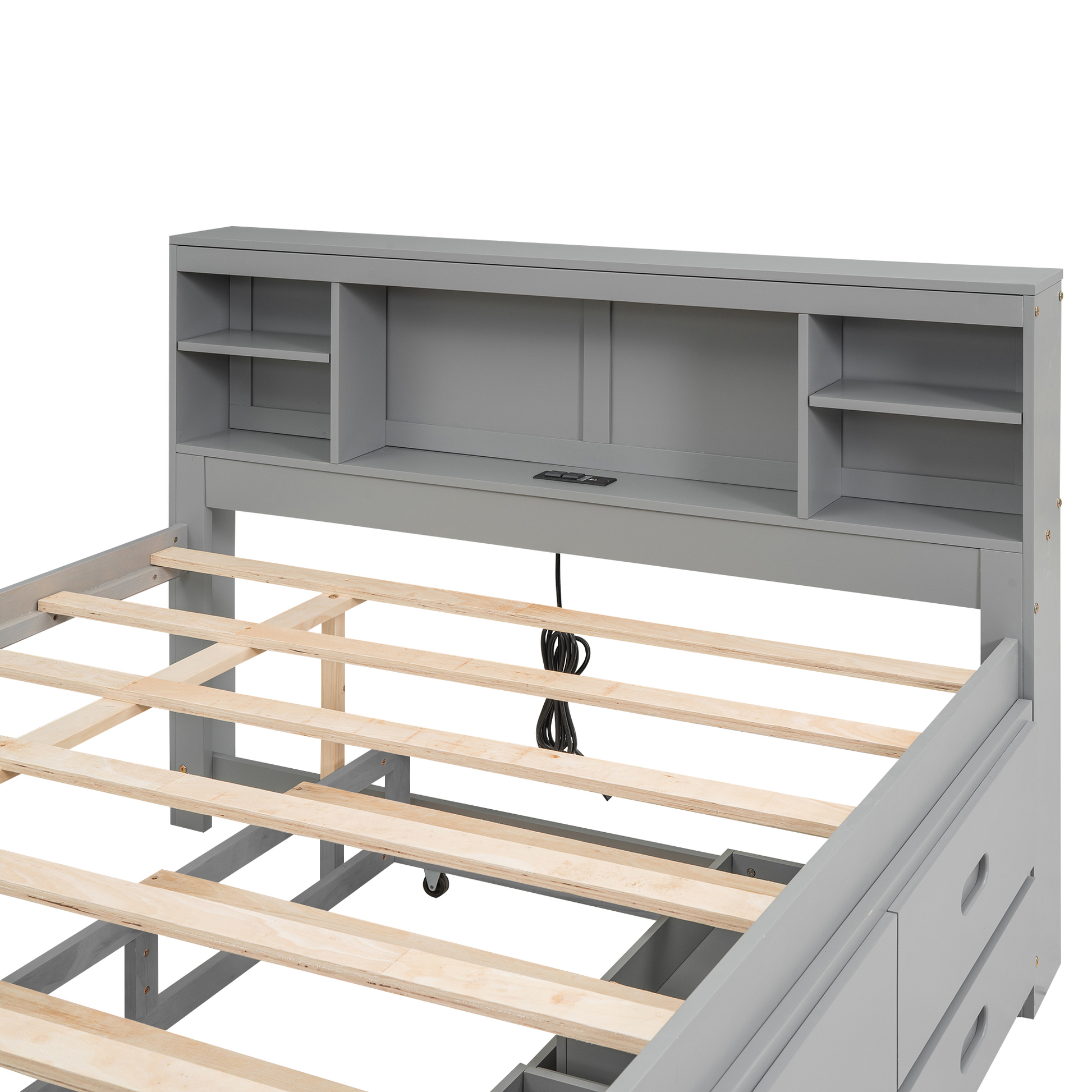 Gray upholstered bed frame with builtin headboard shelves