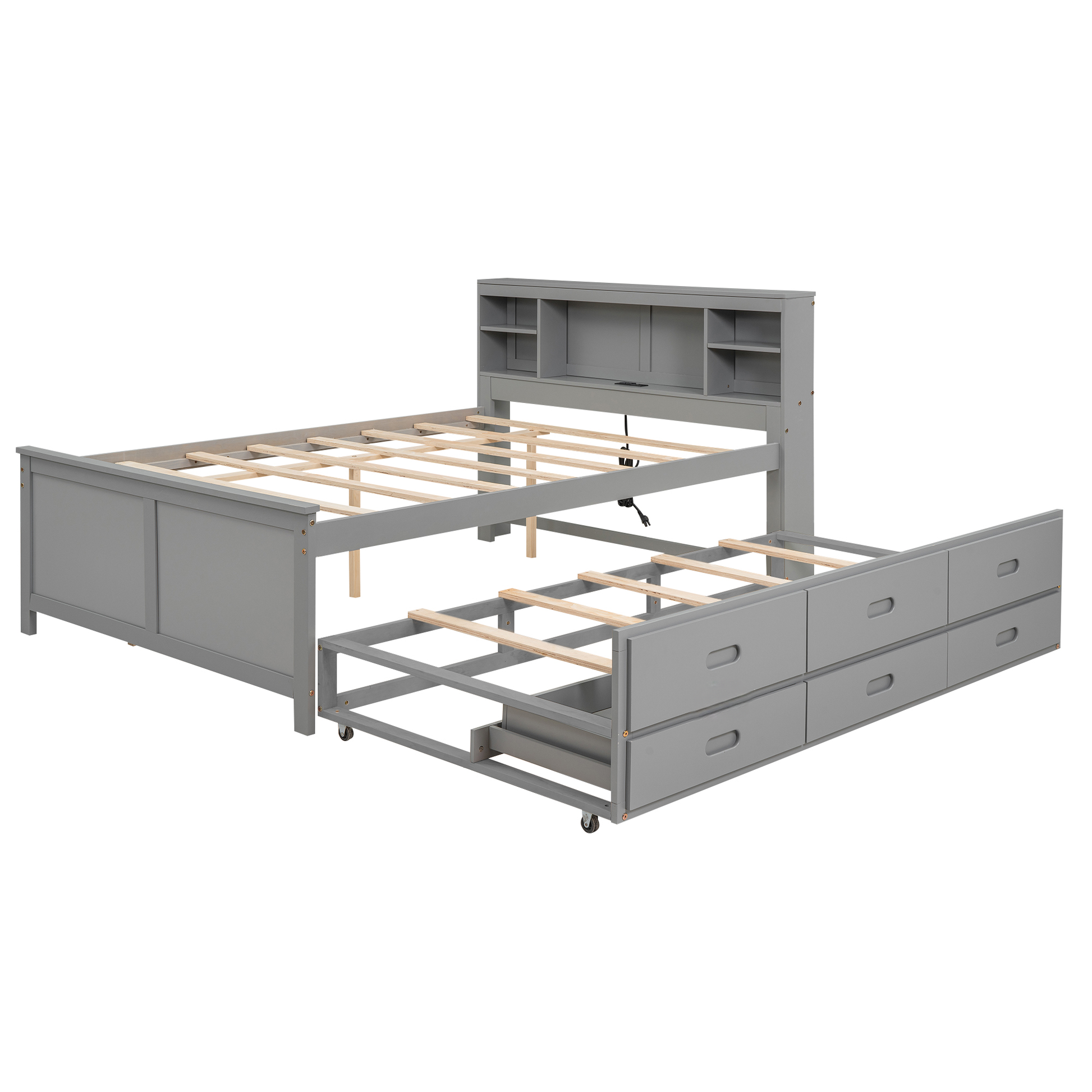 Grey wooden daybed with trundle and bookshelf headboard
