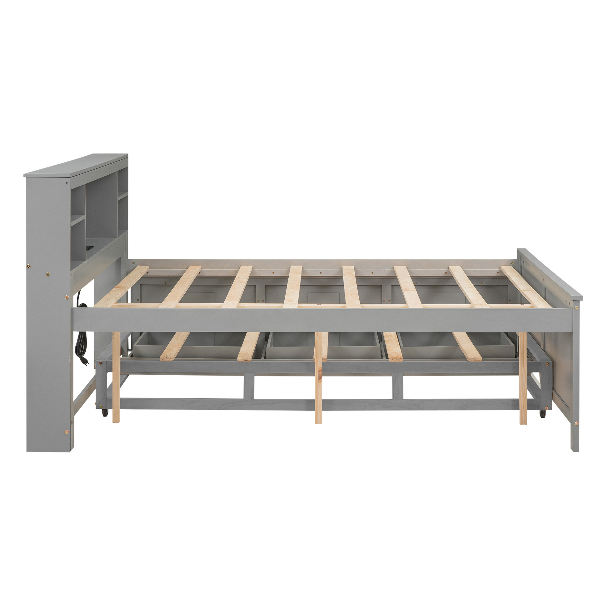 Gray twin daybed with builtin shelves and pullout trundle
